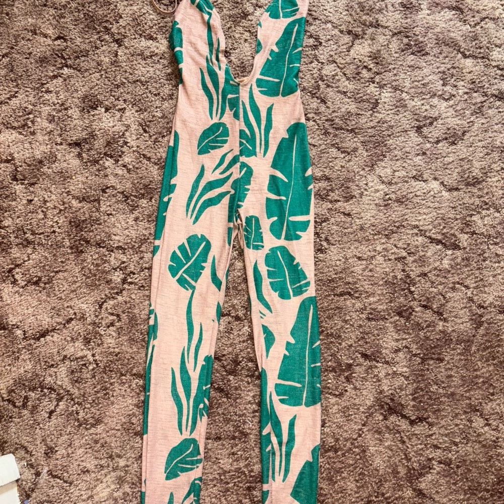 SHEIN Green and Cream Tropical Leaf Jumpsuit